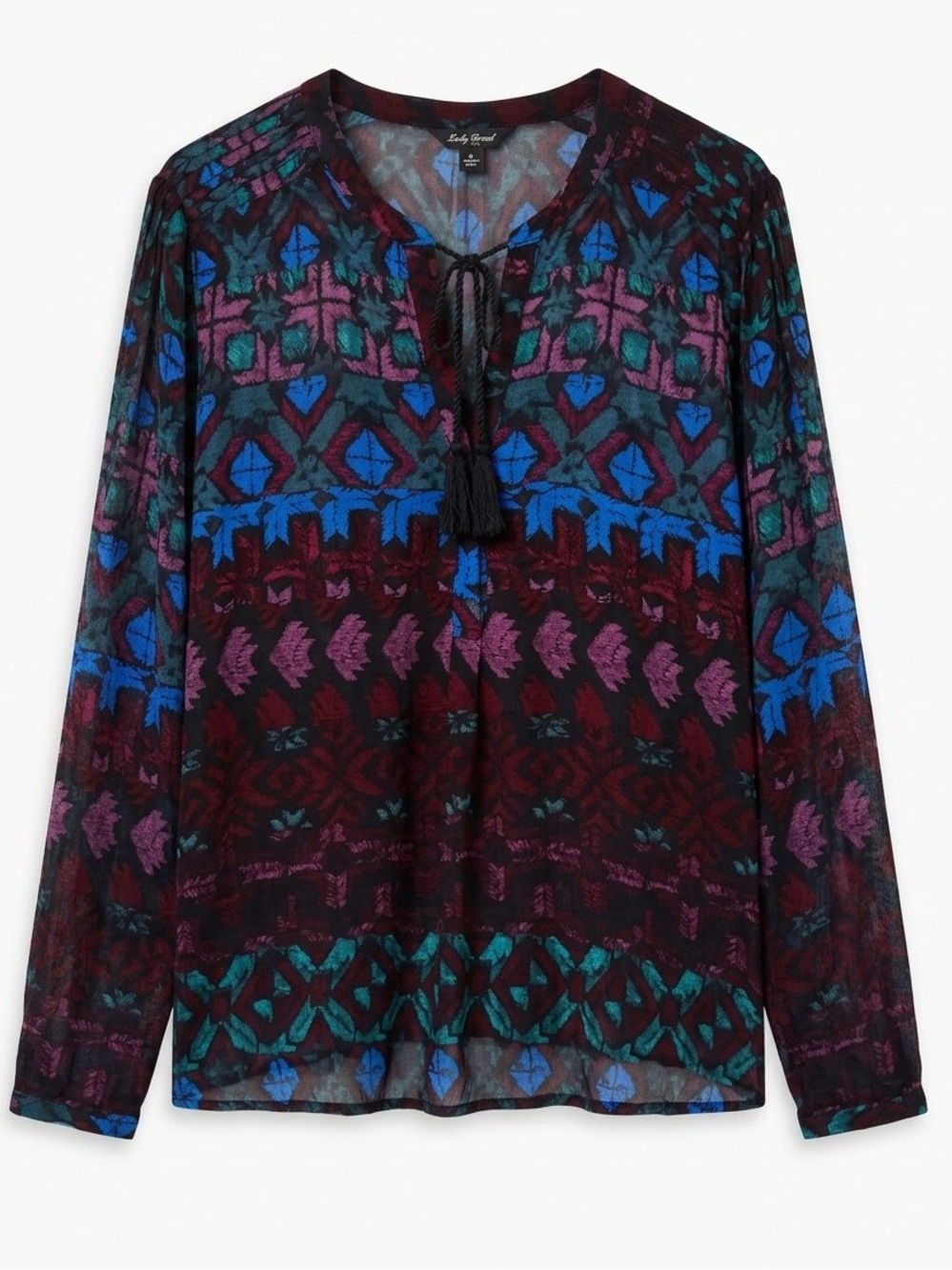 Lucky Brand Womens Large Boho Jewel Tone Geometric Tassel Tie Peasant Blouse